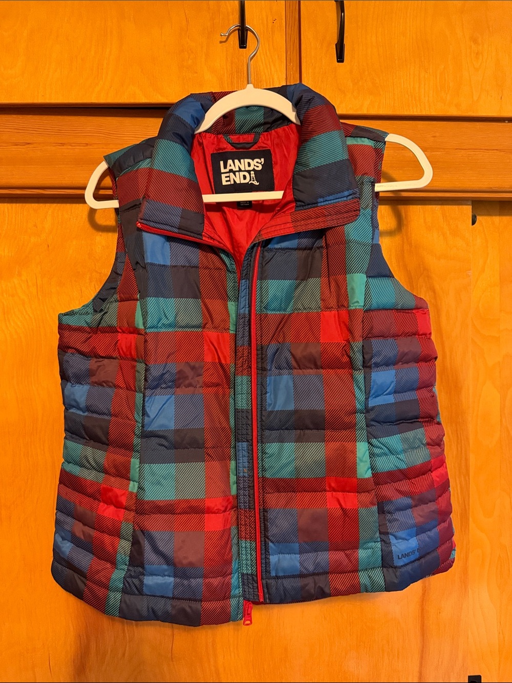Lands' End Kids Quilted Plaid Puffer Vest in Red, Blue & Teal